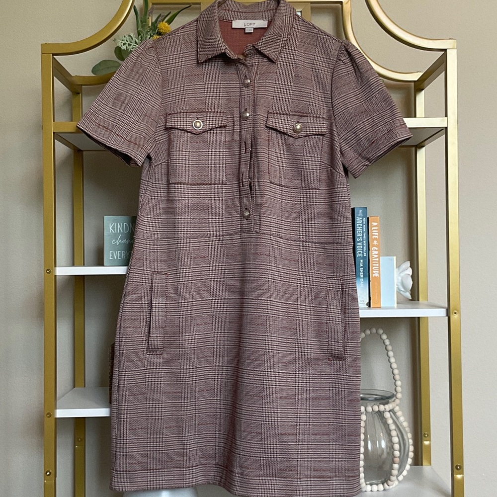 LOFT Rust and Brown Plaid Short Sleeve Shirt Dress